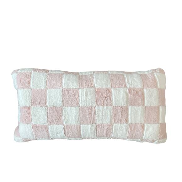 Checkered Faux Fur Decorative Lumbar Pillow 34x15 Plush Pastel Pink & White NEW - Picture 1 of 15